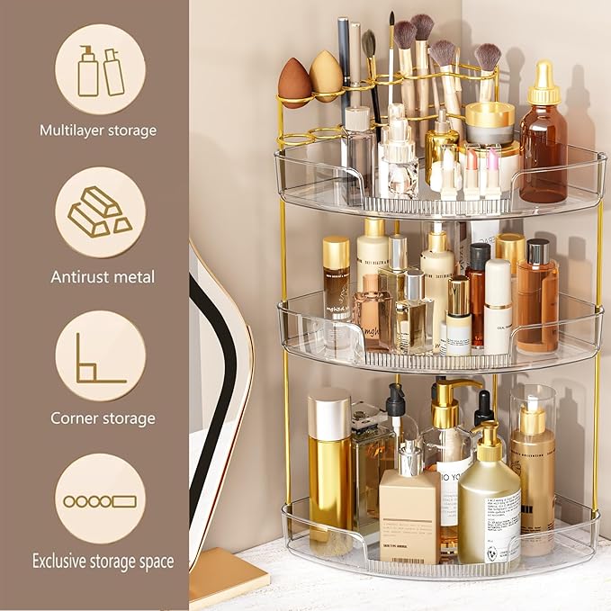 FELIZHOUSE 3-Tier Makeup Organizer for Vanity & Bathroom Countertop – Acrylic Storage Shelf with Perfume Tray & Makeup Brush Holder, Tool-Free Installation, Design for Bathroom & Dresser - Grey