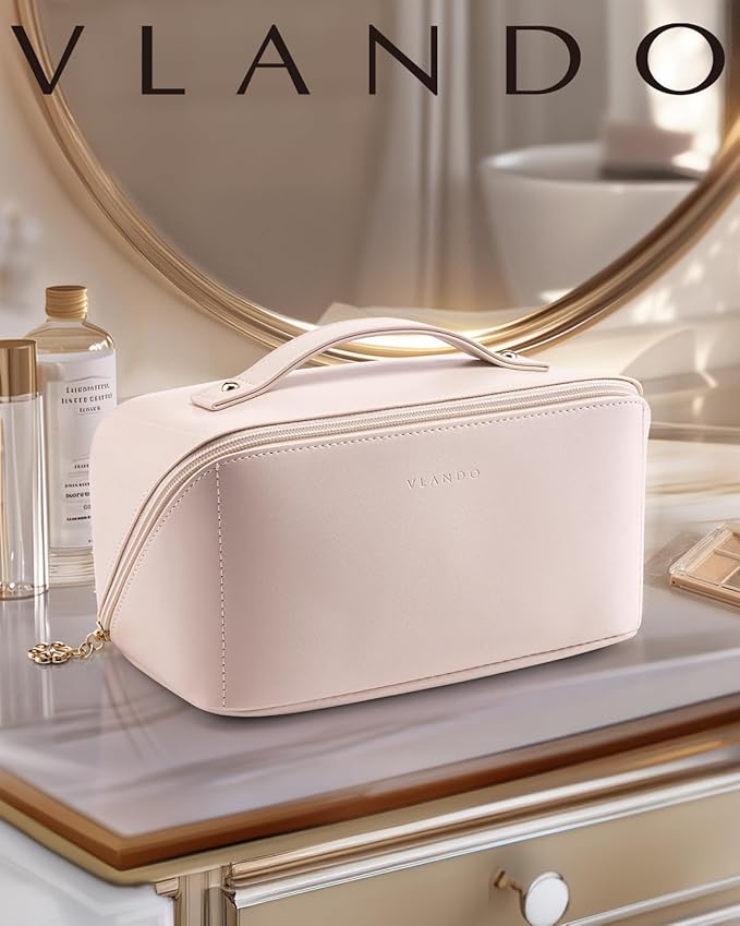 Vlando Makeup Bag,Large Capacity Toiletry Bag for Women Waterproof Portable Make up Pouch PU Leather Open Flat Cosmetic Bag(Light Pink)