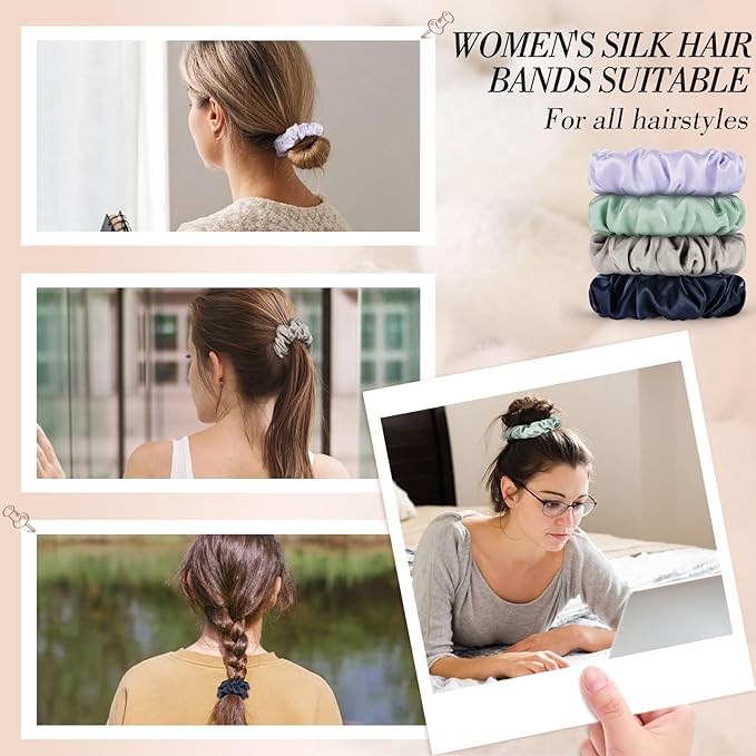 4Pcs Mulberry Silk Hair Scrunchies, Sage Green Silk Hair Ties for Hair Sleep for Frizz Breakage Girls Valentines Day Outfit