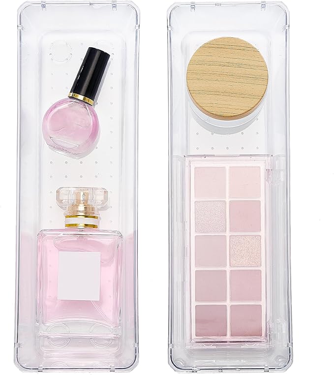 HOUSE DAY Desk Drawer Organizer Bins 4 PCS, 9*3*2" Clear Drawer Organizers with Silicone Pads, Vanity Organizers and Storage, Non Slip Plastic Drawer Organizer for Makeup, Bathroom, Kitchen, Office