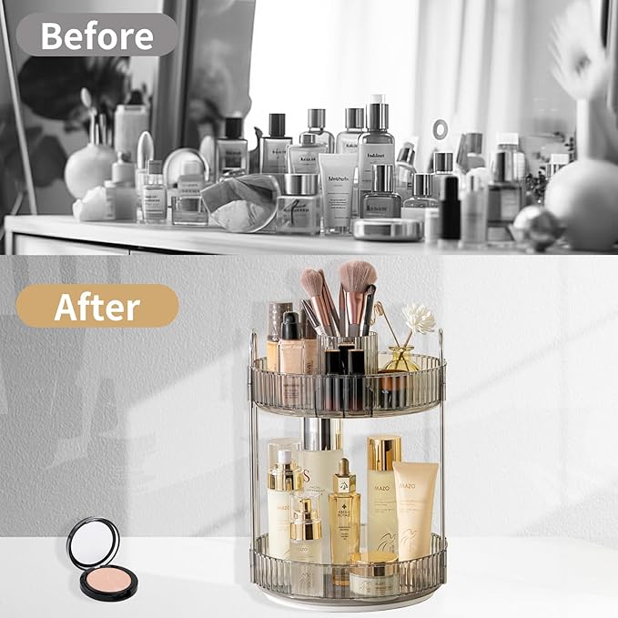 360 Rotating Makeup Organizer,2 Tier Large Capacity Make Up Organizers and Storage,Skincare Perfume Vanity Organizers,Bathroom Cosmetics Storage Organizer Countertop(Grey)