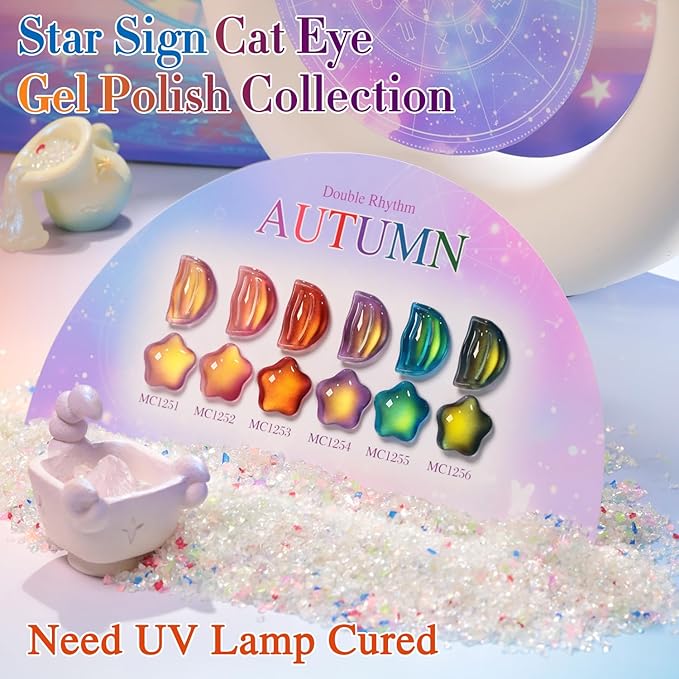 Double Rhythm Jelly Glass Cat Eye Gel Polish with Magnet 15ML Holographic Glitter Shimmer Translucent Sheer Color Magnetic Nail Polish Salon DIY at Home (Golden Purple-MC1254)