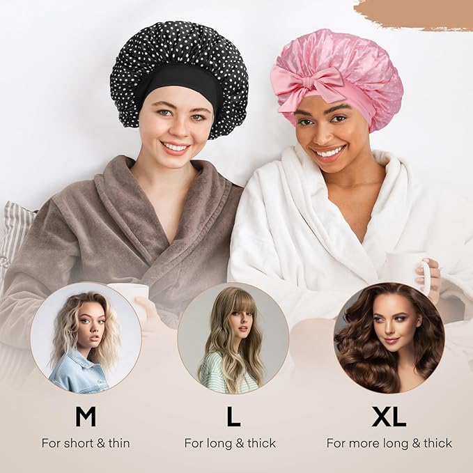 Arqumi 2 Pcs Satin Silk Bonnet for Sleeping Women, Large Long Strap Tie Band Adjustable Sleep Night Cap Curly Hair Bonnet Wrap for Braids Mother Girls Gifts, Black + Pink(Large, Polka Dot Pattern)