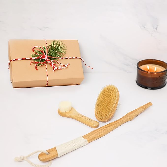 Natural Dry Brush Set for Body and Face - Exfoliate, Stimulate Lymphatic Drainage, Reduce Cellulite - Dry Skin Brushing with Vegan, Boar Bristles and Sustainable Bamboo Handles
