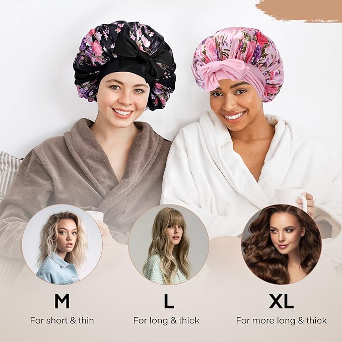 Arqumi 2 Pcs Satin Silk Bonnet for Sleeping Women, Large Long Strap Tie Band Adjustable Sleep Night Cap Curly Hair Bonnet Wrap for Braids Mother's Day Girls Gifts, Black+ Pink(Large, Flower Pattern)