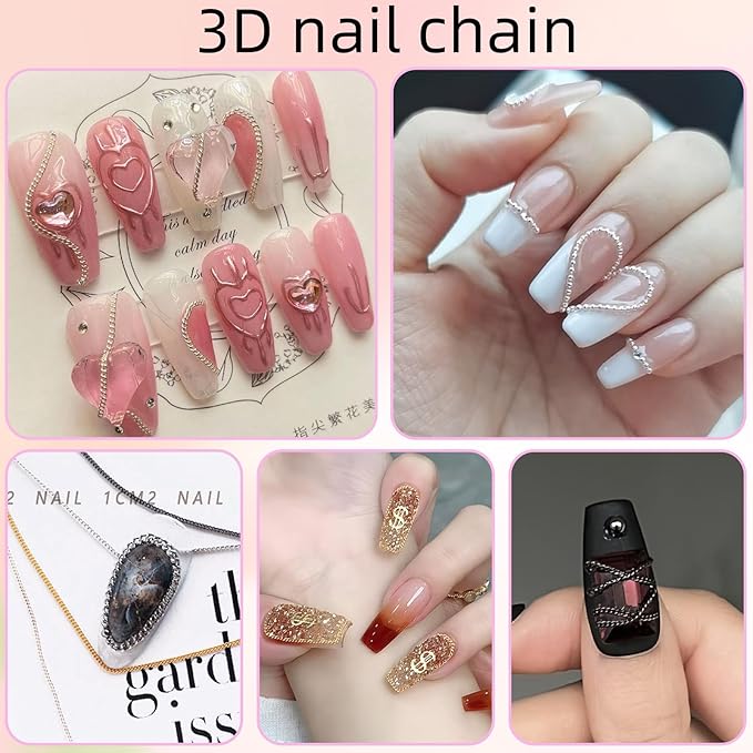 12 Strips Metal Nail Art Chains, 3D Gold Silver Dark Gray Punk Gothic Nail Chain Charms, Jewelry DIY Manicure Decorations, Gems Studs Accessories with Storage Box for Women Girls, Easy to Apply