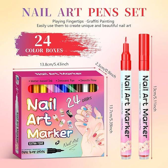 Nail Art Marker Pens Kit - 24 Colors Fine Tip 0.5mm Waterproof for Painting nail oil pen Home Salon Design & holiday Gifts Quick Dry Liner Brush Set for Women Girls Beginners
