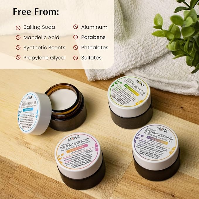 MONA Travel Size All Natural Whole Body Deodorant Cream for Women & Men | For Private Parts | Aluminum & Baking Soda Free | (4-PK Travel Size Combo (0.53 Oz each), Natural Scents)