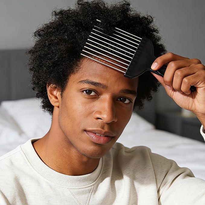 3 Pcs Afro Pick,Metal Hair Pick for Curly Hair,6” Steel Afro Comb with Black Fist Handle,Detangling Lift Comb for Braid Wig Styling,Men & Women Travel Braid Tool