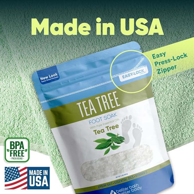 Tea Tree Foot Soak 32 Ounces (2 Lbs) USP Grade Epsom Salt with Natural Tea Tree Essential Oil Plus Vitamin C in BPA Free Pouch with Easy Press Lock Seal Made in USA DIY Home Spa Foot Care