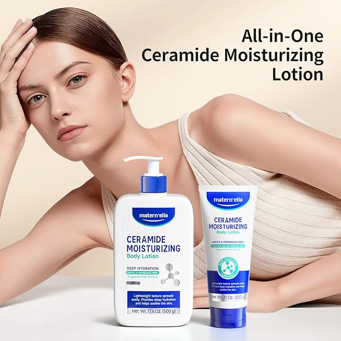 matern'ella Ceramide Body Lotion for Dry & Sensitive Skin - Daily Moisturizer with Niacinamide & 4 Ceramides (NG, AP, NP, EOP) 48H Hydration, Fragrance, Paraben, Non-Greasy 17.6 Oz