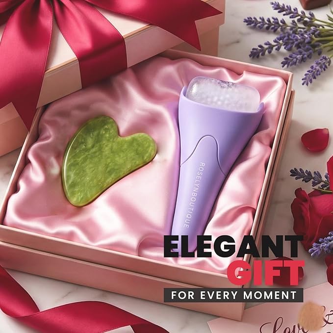 ROSELYNBOUTIQUE Ice Roller for Face & Gua Sha Facial Tools for Wrinkles Fine Lines Puffiness - Facial Massager Skin Care Tools Self Care Gifts for Men Women (Purple)