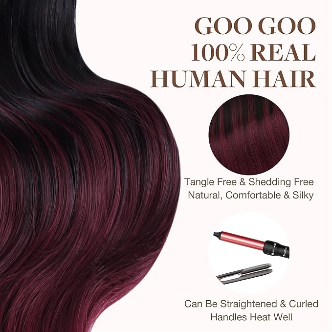 GOO GOO Tape in Hair Extensions Human Hair, 1/99 Balayage Jet Black to Red, 20inch 50g 20pcs, Thick Ends Straight Seamless, Invisible Tape in Hair Extensions