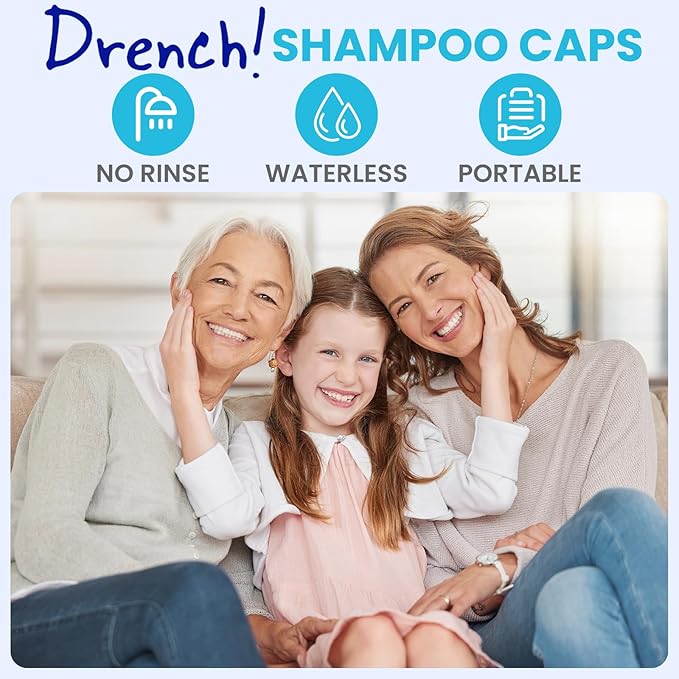 Drench! No Water Hair Washing Cap - Waterless Shower Caps with Shampoo and Conditioner - Disposable Rinse Free Wash Aids - Ideal for Elderly and Disabled - Pack of 12