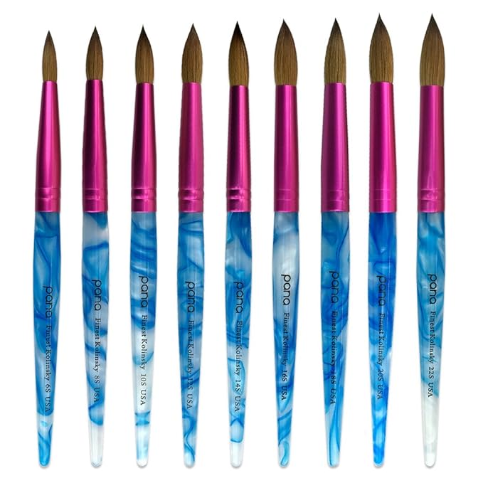 PANA Pure Kolinsky Hair Acrylic Nail Brush - Round Shape Pink Ferrule with White Swirl Blue Handle (Size 6) - Nail Brush for Acrylic Nail Application, Nail Extension, Manicure Pedicure Salon Beginner