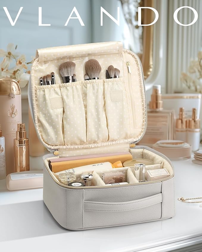 Vlando Travel Makeup Cosmetic Case Organizer Portable Storage Bag with Adjustable Dividers for Cosmetics Makeup brushes, girls, women, friends.(gray)