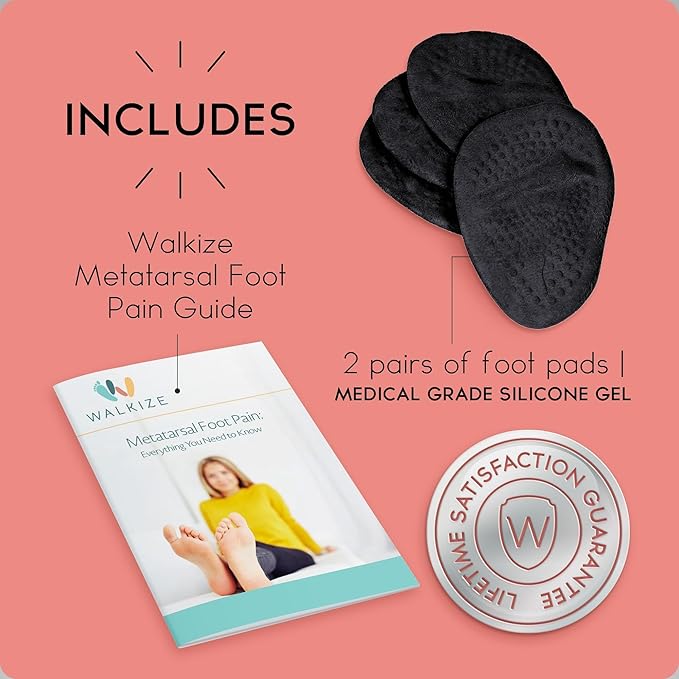 Walkize Metatarsal Pads Women | Heel Inserts for Women | Ball of Foot Cushions (2 Pairs Foot Pads) All Day Pain Relief and Comfort One Size Fits Shoe Inserts (Black, 2 Pairs)
