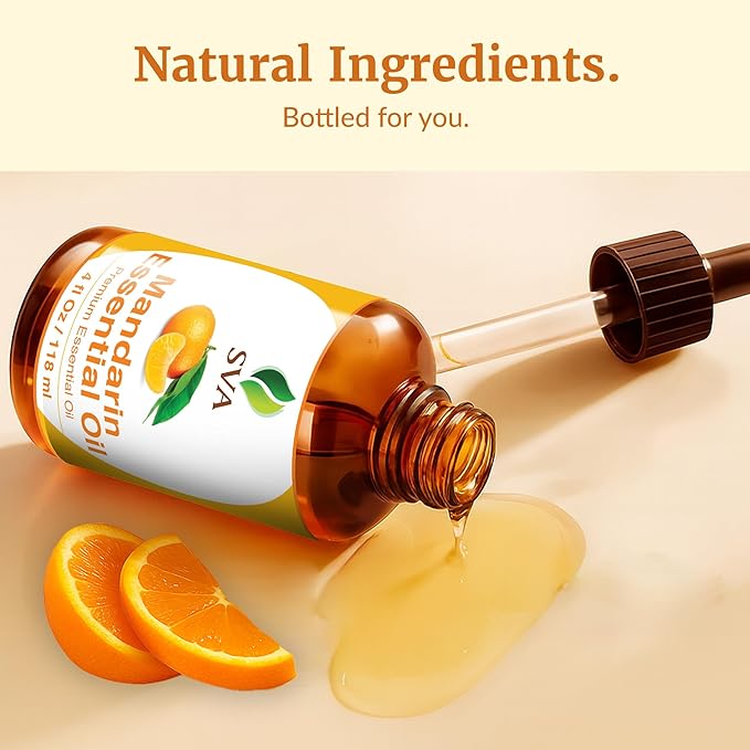 SVA Mandarin Essential Oil – 4 Fl Oz – 100% Natural Mandarin Oil - for Diffuser, Hair Care, Face, Skin Care, Aromatherapy, Scalp and Body Massage, Soap and Candle Making – with Dropper