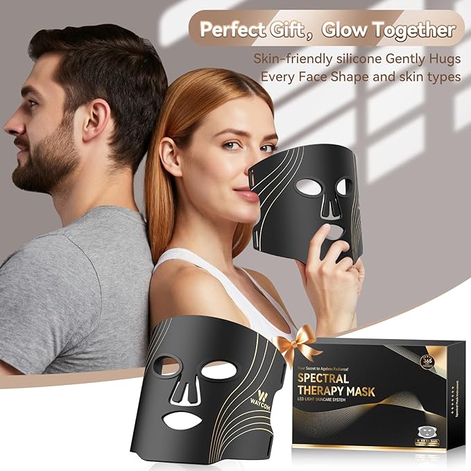 WAYCOM Red Light Therapy Mask: FDA-Cleared 400 LEDs Portable LED Light Therapy for Face - 4-Modes Portable Blue Orange 850NM Infrared & Red Light Mask at Home Travel with Timing Function Remote Black