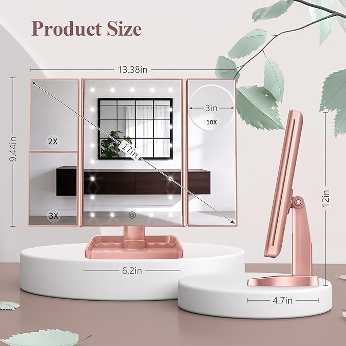 HUONUL Makeup Mirror, Vanity Mirror with Lights, 2X/3X/10X Magnification, Touch Control, Trifold, Dual Power Supply, Valentines Day Gifts for Her,Gifts for Women, Wife, Mom, Girls,Dorm Room Essentials