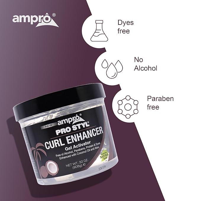 AmPro Pro Styl Curl Enhancer - Gel Activator with Coconut Oil to Moisturize and Define Coils and Waves - Helps Protect and Hydrate Hair Shaft - Tames and Adds Shine to Tresses - Regular - 32 oz