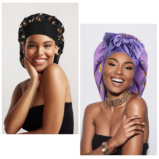 Arqumi Satin Silk Bonnet for Sleeping Women - 2 Pcs Large Long Strap Tie Band Adjustable Sleep Night Shower Cap Hair Bonnet Wrap for Men Reusable, Butterfly Pattern Purple+ Black