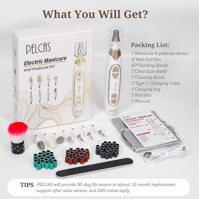 PELCAS Electric Toenail Grinder for Thick Toenails, 5 Speeds Manicure and Pedicure Kit, Cordless Nail Drill with LED Light, Electric Nail File for Human, Pet, Thick Toenails, Natural & Acrylic Nails