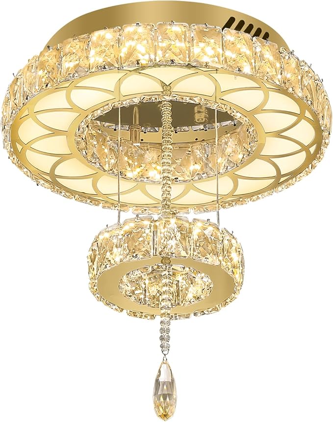 Flashing God Dia 12" Crystal Mini Chandelier Crystal Gold Ceiling Light Fixtures LED Flush Mount Ceiling Light for Living Room Bedrooms Dining Room Dimmable 2700k 4500k 6000k