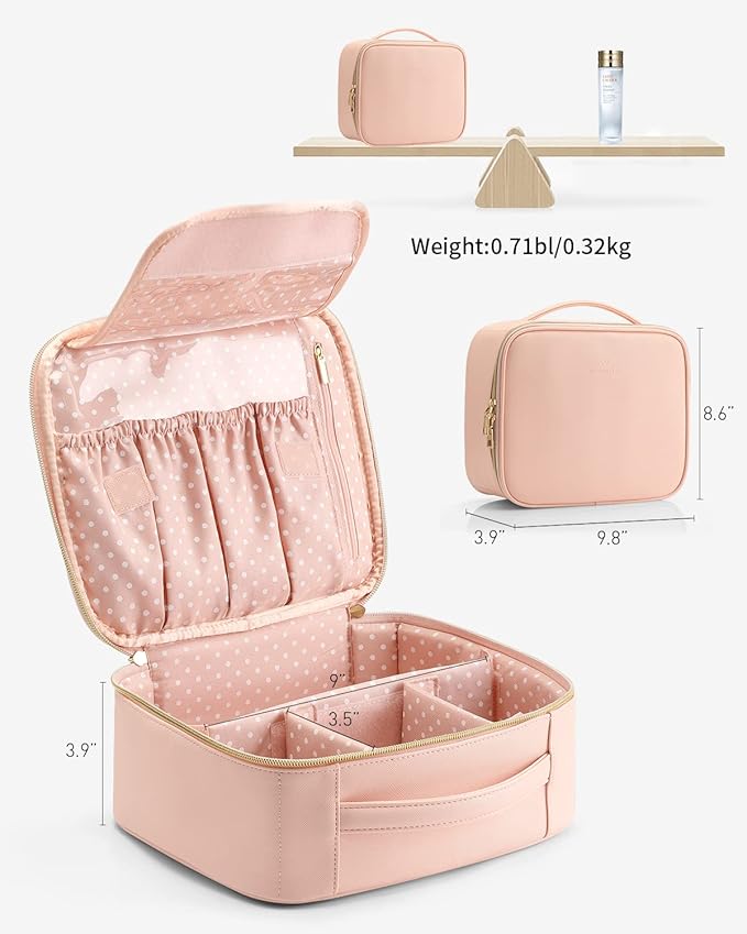 Vlando Travel Makeup Bag, Large Capacity Cosmetic Bag for Women PU Leather Makeup Case Organizer Portable Make up Bag with Dividers and Handle for Girls,Wedding,Makeup Brushes Pink