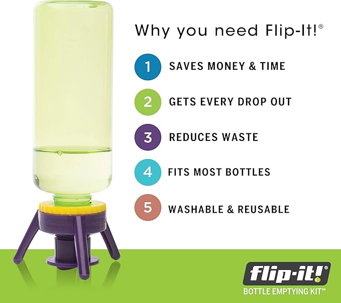 Flip-It! Bottle Emptying Kit – 6 Bottle Pack - No more wasted product - Fits most plastic bottles – 6 Base Caps, 6 Adapters – Bright Color Edition