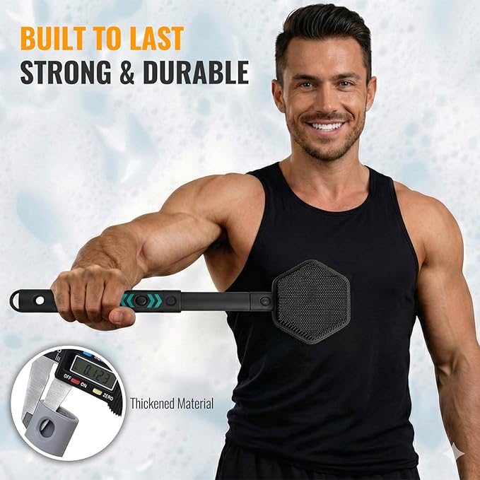 Silicone Back Scrubber for Shower – 21in Extendable Shower Brush with Long Handle – Dual-Sided Back Brush with Non-Slip Grip, Gentle Cleansing & Exfoliation for Men, Women, Elderly (Black)