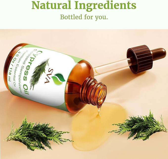 SVA Cypress Essential Oil – 4 Fl Oz – 100% Natural Cypress Oil - for Diffuser, Hair Care, Face, Skin Care, Aromatherapy, Scalp and Body Massage, Soap and Candle Making – with Dropper