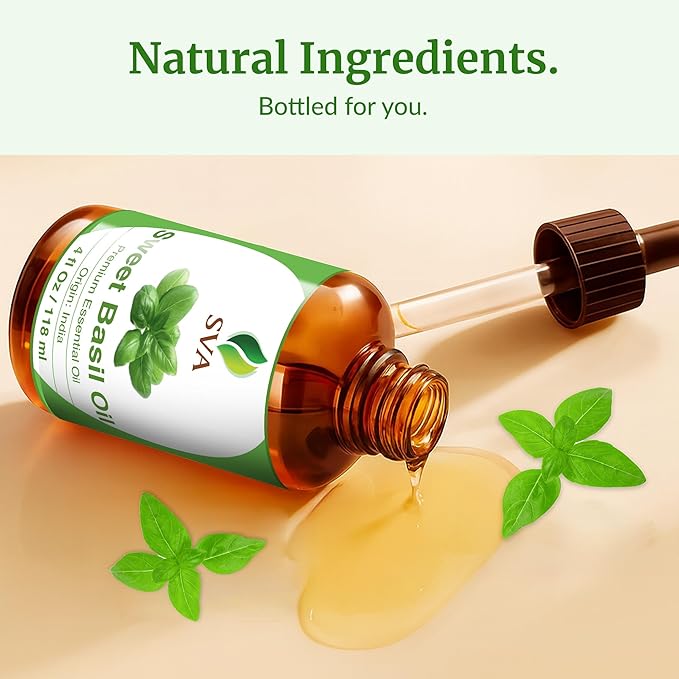 SVA Sweet Basil Essential Oil – 4 Fl Oz – 100% Natural Basil Oil - for Diffuser, Hair Care, Face, Skin Care, Aromatherapy, Scalp and Body Massage, Soap and Candle Making – with Dropper