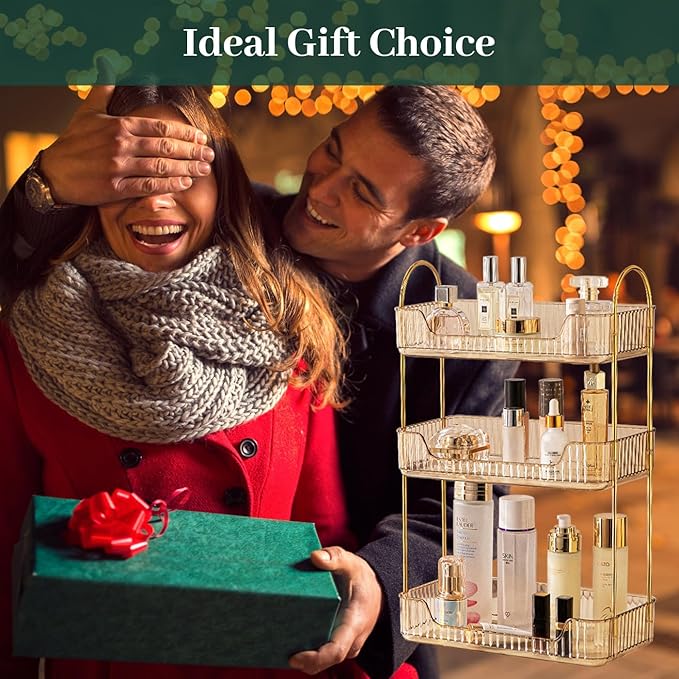 Bathroom Counter Organizer Countertop, 3 Tier Makeup Perfume Shelf Storage, Skincare Cosmetic Tray for Dresser Vanity - Gold