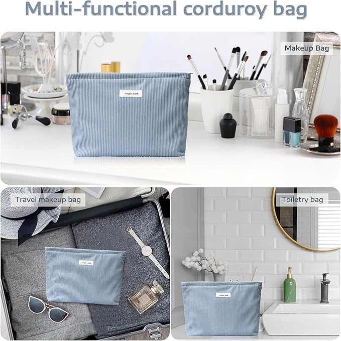 Wudygirl Makeup Bag,Portable Cosmetic Travel Bag for Women and Girls,Large Capacity Corduroy Travel Toiletry Bag(Light Blue)