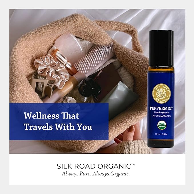 Silk Road Organic Peppermint Essential Oil Roll On, USDA Certified, for Nausea Morning Sickness, Focus & Head Tension - 10 ml Aromatherapy Roller
