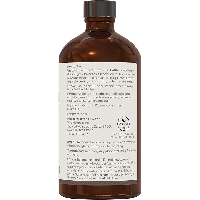 Viva Naturals Organic Castor Oil, Cold-Pressed, 16 fl oz – For Face, Hair, Eyelashes, USDA Organic, Non-GMO - Glass Bottle