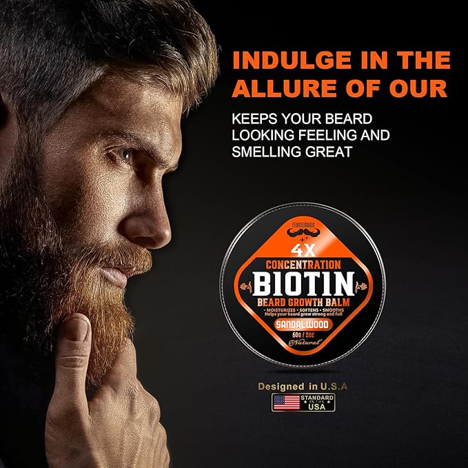 Biotin Beard Growth Balm for Men – Conditioning Balm with Castor, Shea & Jojoba Oils to Condition, Soften & Thicken Facial Hair – Non-Greasy, Sandalwood Scent – 2 oz Grooming Kit
