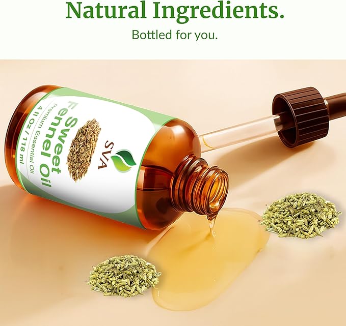 SVA Sweet Fennel Essential Oil – 4 Fl Oz – 100% Natural Fennel Oil - for Diffuser, Hair Care, Face, Skin Care, Aromatherapy, Scalp and Body Massage, Soap and Candle Making – with Dropper