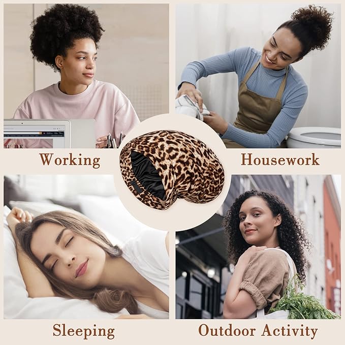 LULUSILK Mulberry Silk Bonnet for Sleeping Women, Real Silk Sleep Cap for Curly Hair and Braids, Pure Head Wrap with Scrunchies, Brown Leopard