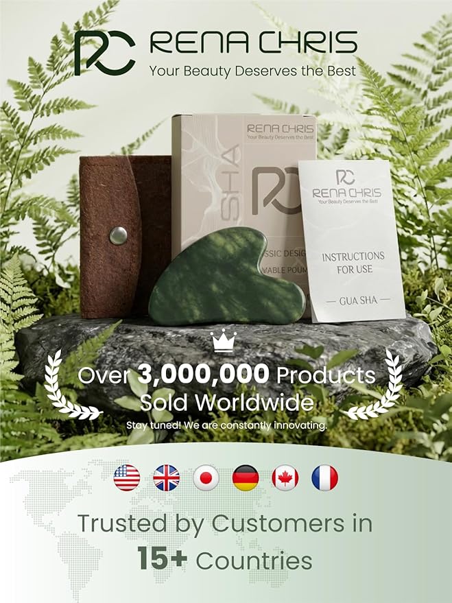 Rena Chris Gua Sha Facial Tools, Natural Jade Stone Guasha Tool for Face Massage - Face Sculpting Tool for Jawline Sculpting, Puffiness Reduction and Skincare Routine with Travel Pouch