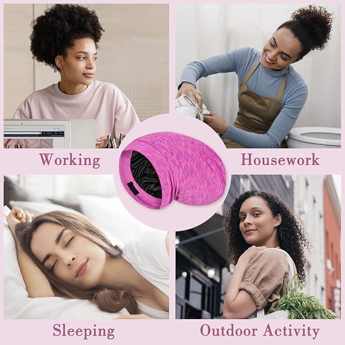 LULUSILK Mulberry Silk Bonnet for Sleeping Women, Real Silk Sleep Cap for Curly Hair and Braids, Pure Head Wrap with Scrunchies, Hot Pink