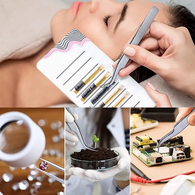 Sivote Eyelash Tweezers, 2-Pack, Hand Calibrated Straight and Curved Tips, Stainless Steel Lash Tweezers for Eyelash Extensions, Matte Silver