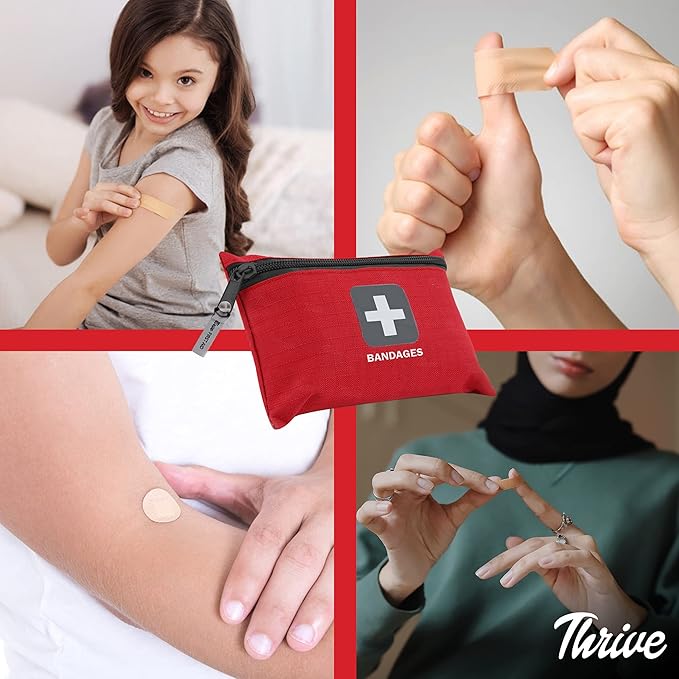 Thrive Bulk Fabric Adhesive Bandages Variety Pack - Portable Zipper Pouch for Travel & Car First Aid Kit - Waterproof & Latex-Free Bandages for Camping & Hiking First Aid Kit - 305 Piece Set, Red