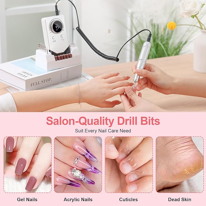 Electric 45000RPM Nail Drill Machine Rechargeable Portable Nail File Electric DIY Nail Drill Kit with Smart LCD Screen for Gel Nail Manicure and Pedicure Reflective Body etc (White)