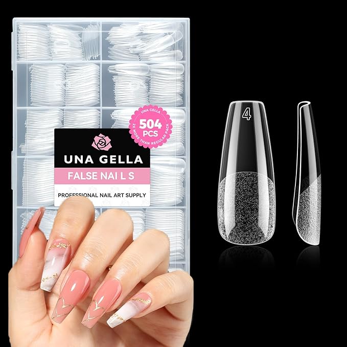 UNA GELLA Long Coffin Nail Tips, 504pcs Pre-Shape Fake Nails Half Matte Full Cover Acrylic Gel Nail Tips Clear Long Coffin Press On Nails Home DIY Extension 12 Sizes Gelly Tips