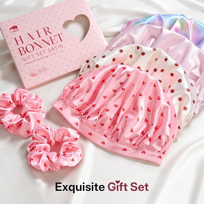 LitBear Silk Satin Bonnet for Sleeping Women, Adjustable Double Layer Hair Bonnet with Scrunchies for Curly Natural Hair, Non Slip Softer Night Sleep Cap