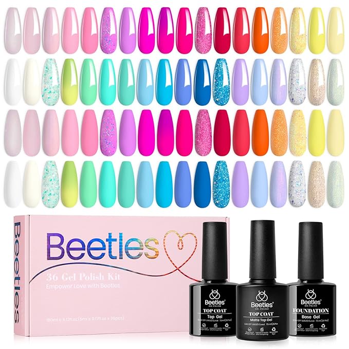 beetles Gel Nail Polish Set - 39Pcs Spring Gel Polish Pink Red Blue Purple Color Polish with Base Top Coat Soak off Uv LED Lamp Colorful Candies Manicure Kit Salon DIY Home Gifts for Women Girls