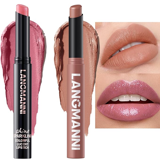 Jolilab 2Pcs Glitter Lip Kit - Velvet Matte & Nude Matte Lipstick + Glitter Lip Gloss/Glitter Lipstick High Pigmented Long-Lasting Waterproof Beauty Cosmetics Gift for Women(#01+02)