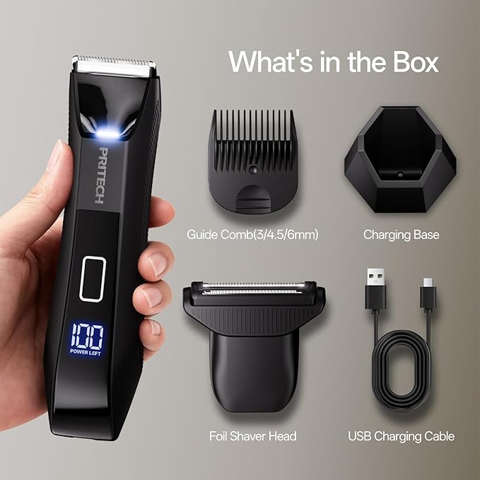 PRITECH Body Trimmer for Men,Body Hair Trimmer & Electric Razor for Pubic,Groin,Chest,Back,Balls,Waterproof Men's Groomer with 2 in 1 Ceramic & Foil Blades for Sensitive Areas,Cordless & Rechargeable